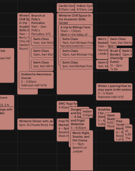 A screenshot of a calendar filled with various winterim programming
