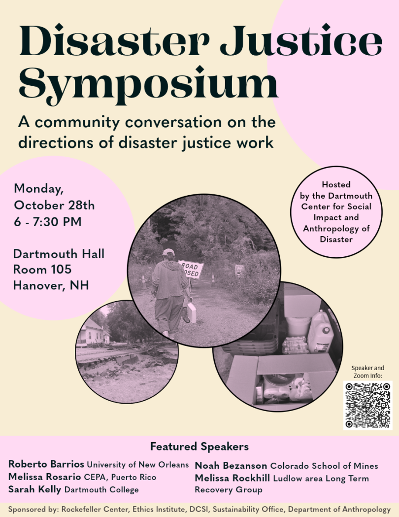 This is a poster for a symposium event that is being hosted this term. It has a sand colored background with pink behind key text blurbs.
