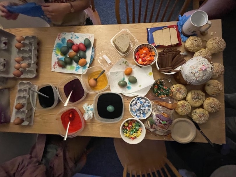 a "bird-view picture" of the easter table: there are eggs, paska, and other treats