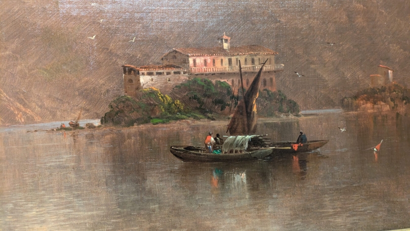 A close up of a painting in the Hood Museum that depicts a small boat on water with a house on an island in the background.