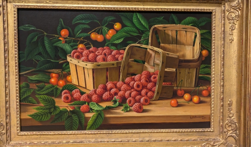 A still art style hyper realistic painting of red raspberries and orange cherries.