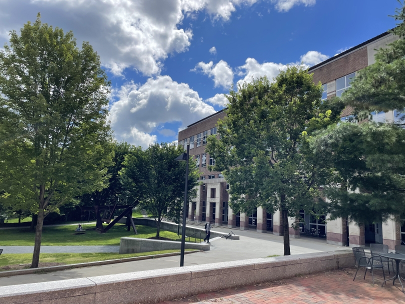 View of Berry Library from outside of Haldeman Patio 