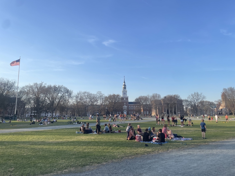 A warm, clear, sunny afternoon on the community-filled Dartmouth green