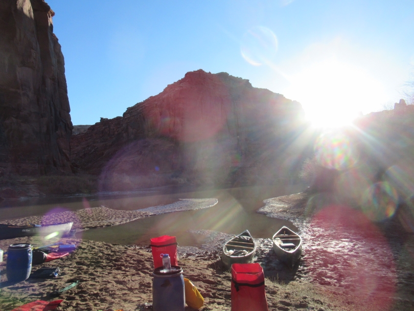 Sun hitting the canyon and campsite