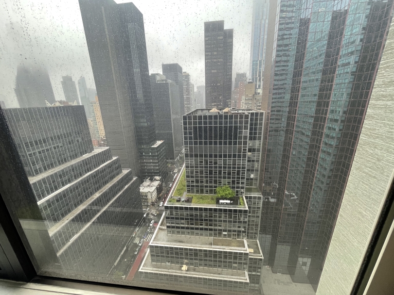 A window image from the 25th floor of the Mariott New York Courtyard hotel in New York City on a rainy afternoon
