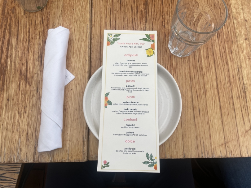 Image of a 5-course meal menu at the restaurant Serra by Eataly in New York City