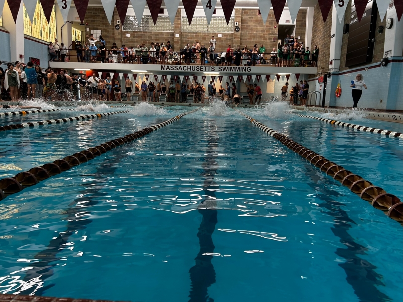 a picture of the umass hamerst pool during the umass amherst meet. People fill the stands in the background as the swimmers launch out the water with a big splash, swinging their arms for the butterfly