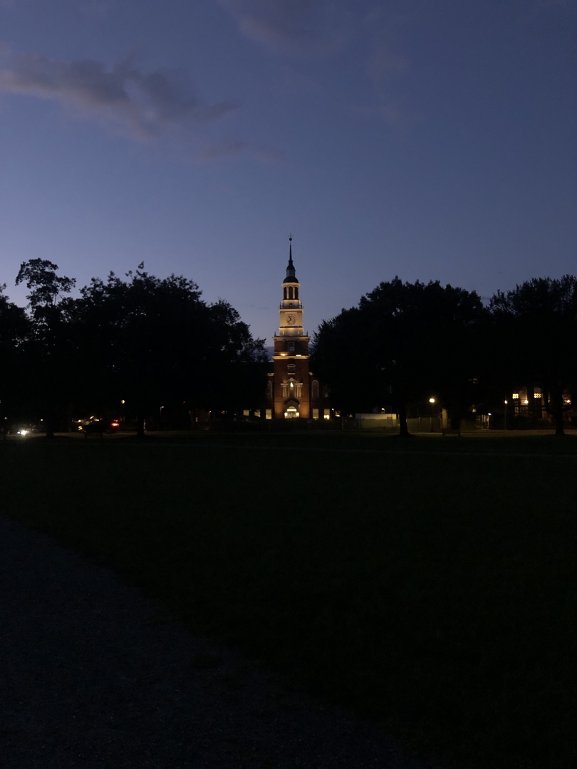 Night view of Dartmouth's Baker-Berry Library Tower
