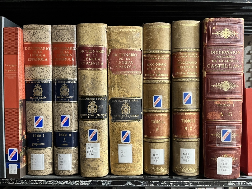 A photo of a bookshelf containing several large, antique Spanish dictionaries