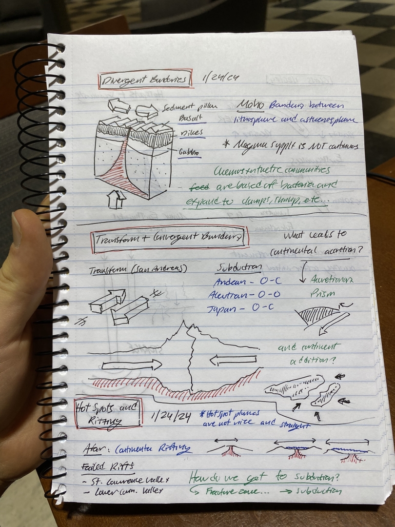 A student notebook of plate tectonic notes 