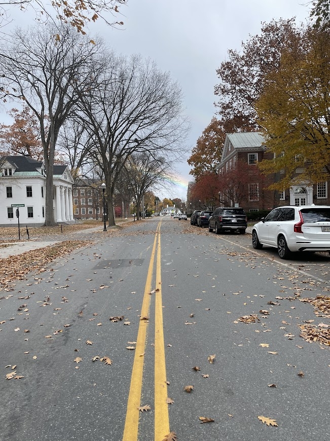 a picture of a street in Hanover with fallen leaves on the ground and a rainbow in the background