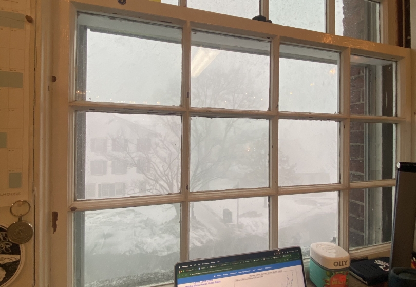 a picture from martin's dorm window, almost completely white during a blizzard!