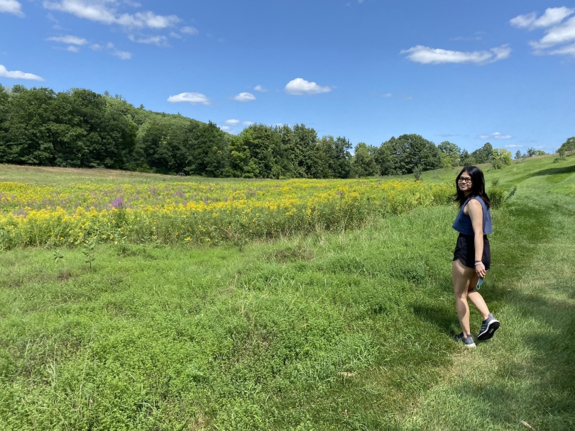 Diana admiring wildflowers at the Dartmouth Organic Farm