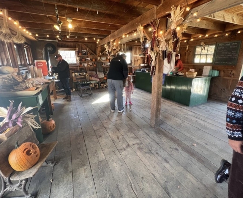 A cozy shop, with stands containing produce like pumpkins and apples. Ears of corn and fairy lights are hanging around the ceiling; it's a cozy little hut! 