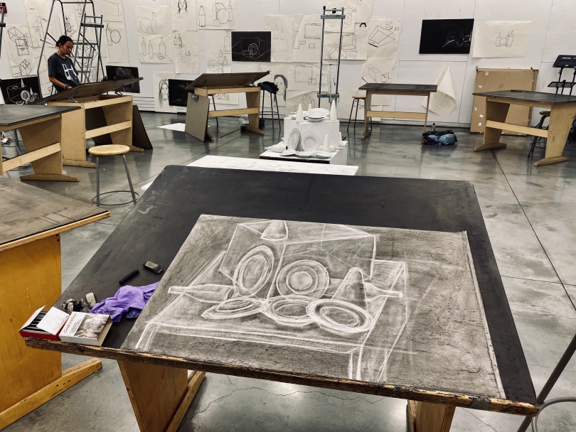 A view of an eraser drawing and reference in a Dartmouth studio art classroom.