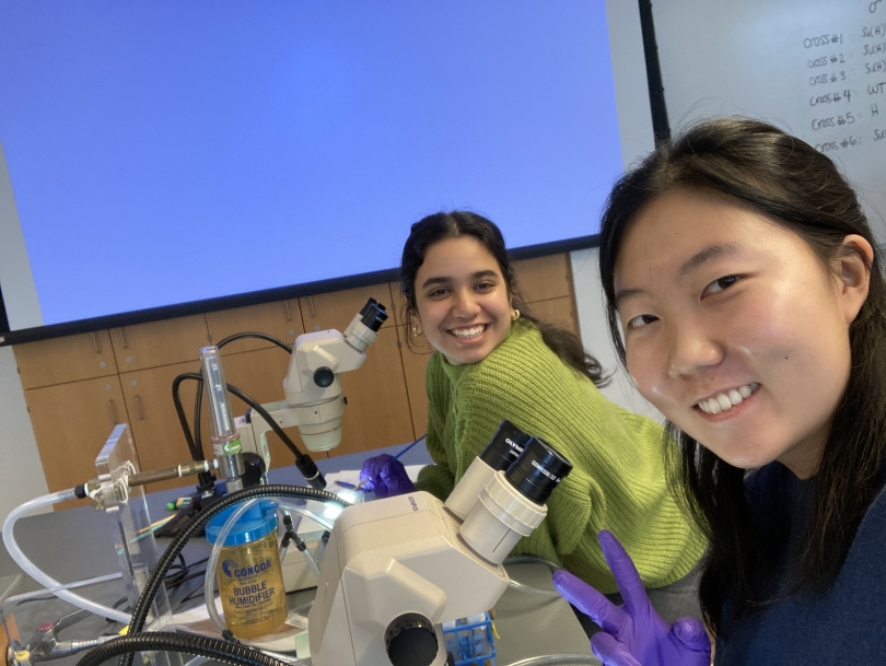 Olivia and her lab partner in the lab, selfie