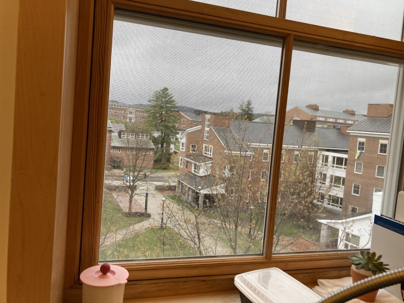 a photo of a view of the outside from a winder where the outside shows the Mclaughlin cluster of dorms on a cloudy day