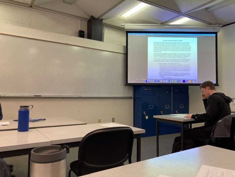 a veiw of a classroom with a projected image of a description of final paper requirements