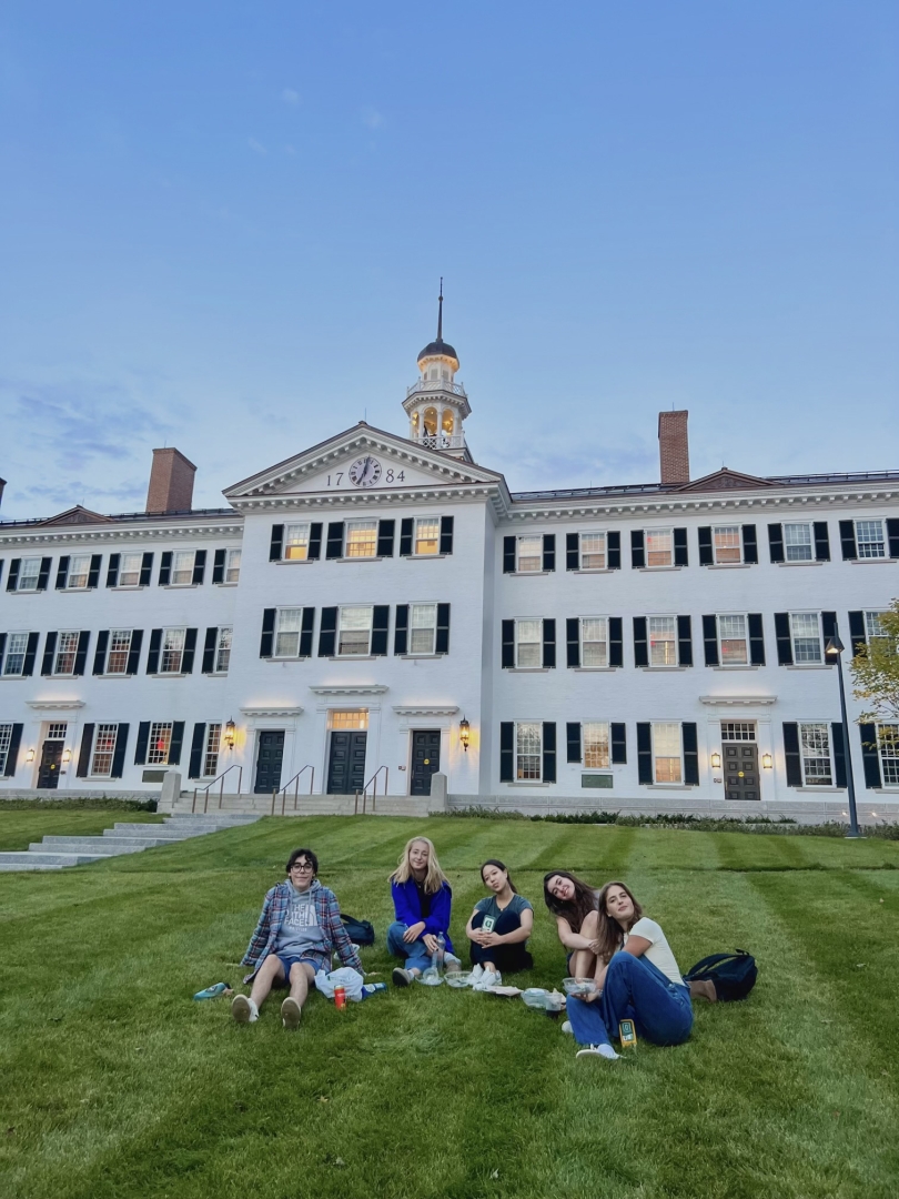Me and friends eating on the lawn of Dartmouth Hall