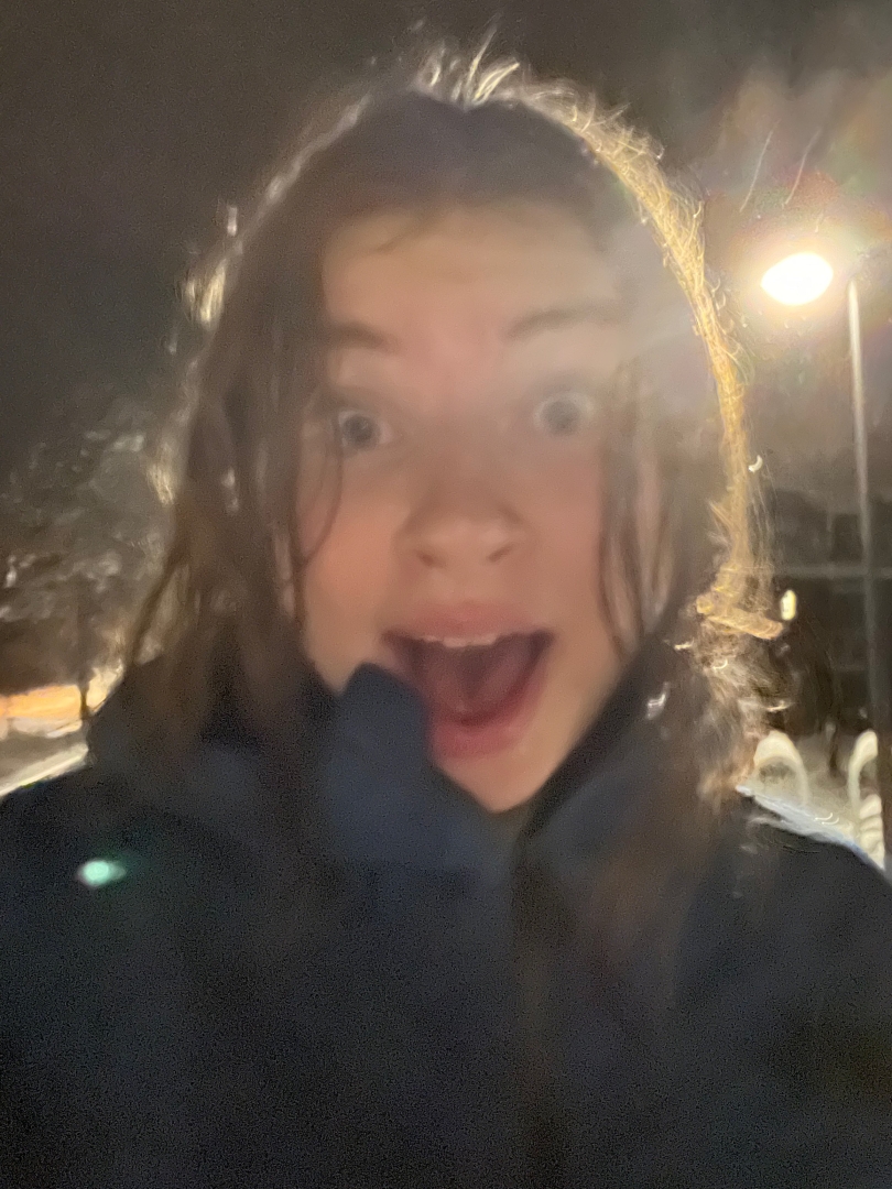 A selfie of me post-snowball fight. My hair is wet and I have a surprised expression on my face. I am wearing a large green coat.