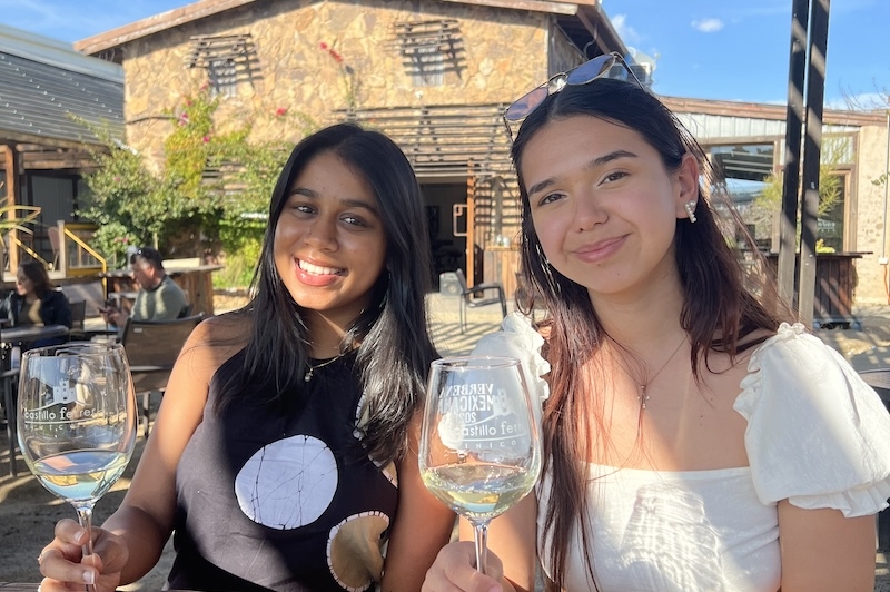 An image of two students holding wine glasses at a winery