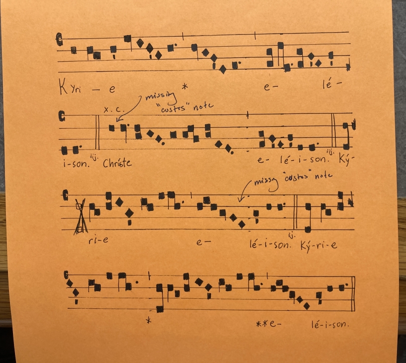 An image of an orange paper with music notated on it