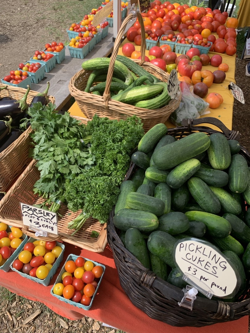 Baskets of pickling cucumbers, cherry tomatoes, and parsley