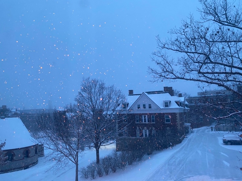 A picture of Richardson Hall, the dorm right next to Martin's, with snow falling captured by the light on the side of the buidling