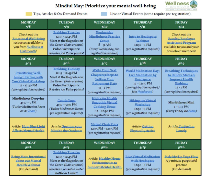 Calendar of "Mindful May" events