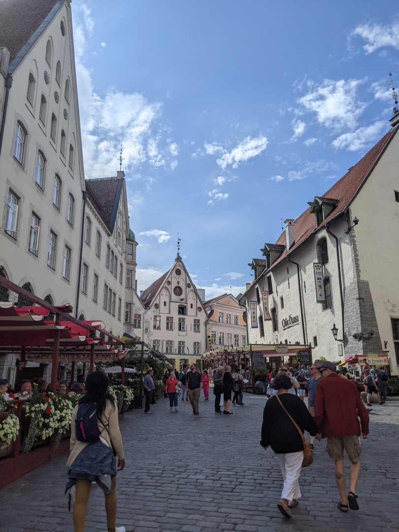 A beautiful scene in the Old Town of Tallinn, Estonia lined with cobblestone streets and old restauraunts