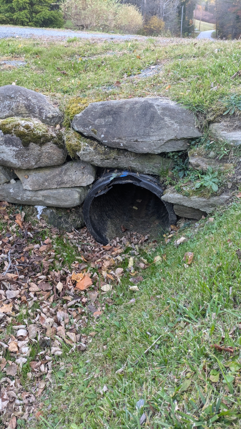 A roadside photo of a culvert that is going under a driveway that supports the ditch on the side of the road.