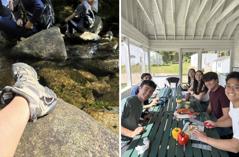 photo of a butterfly on my hiking boot and another photo of our trip group gathered around a table eating a meal