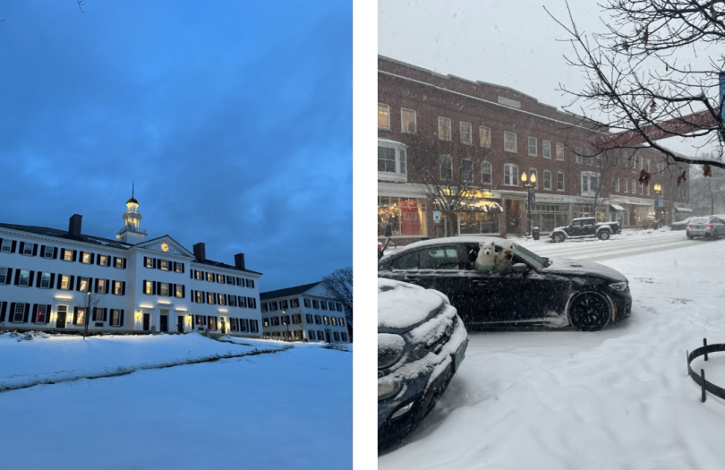 snowy photo of Dartmouth Hall and photo of two dogs outside a car window on snowy main street