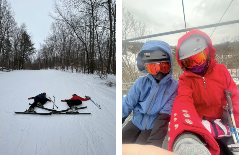Photo of Alison and I on the ground at the skiway and a photo of us on the lift!