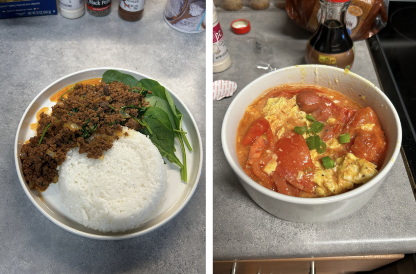 A picture of Gochuchang beef dish, and a picture of tomatoes and eggs dish