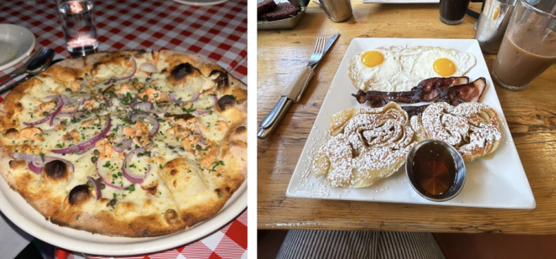 A picture of a salmon pizza and a picture of a crepe breakfast