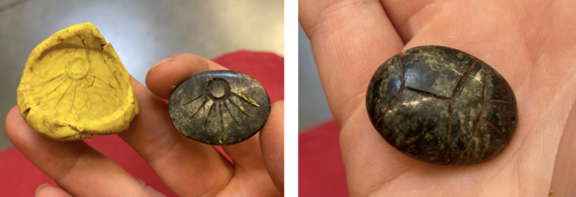  the domed side of my stone bead, with a scarab designed carved into it AND the flat side of my bead + the impression it makes when pressed into wax