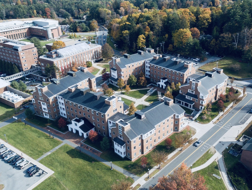 An isometric, aerial drone shot of the brick McLaughlin cluster.