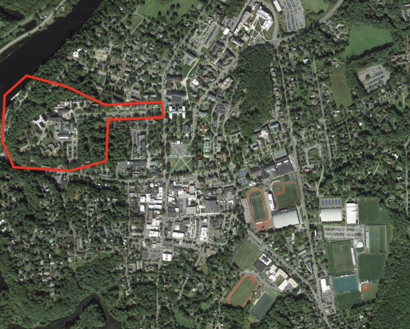 The West End encircled by a red line in the overhead satellite shot. 