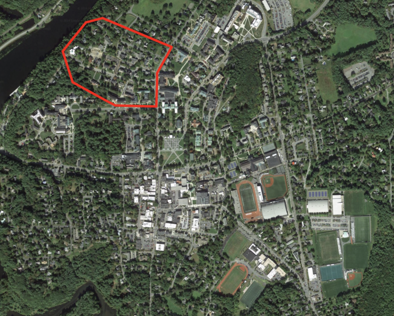 Webster Ave and its surrounding area encircled by a red line in the overhead satellite shot.