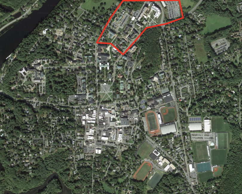 Northern campus encircled by a red line in the overhead satellite shot.