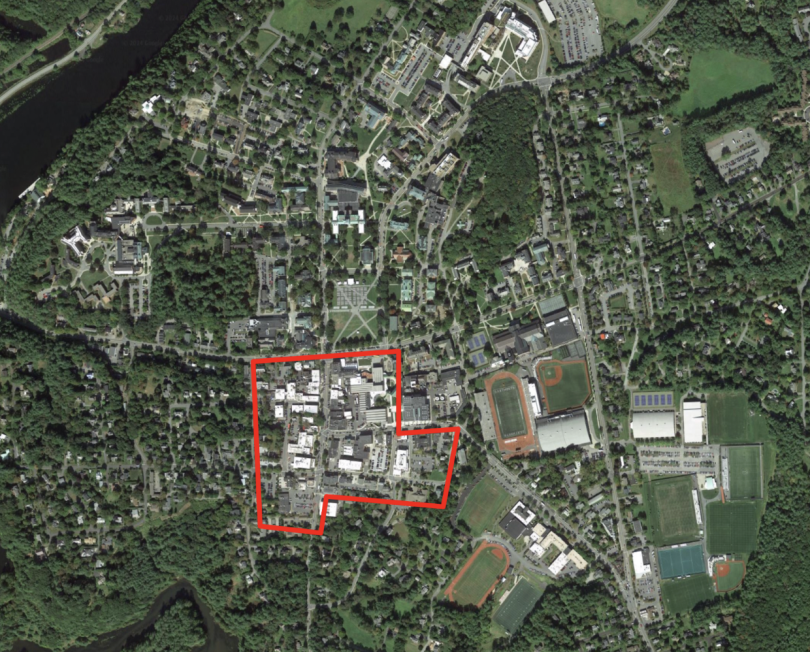 Hanover encircled by a red line in the overhead satellite shot.