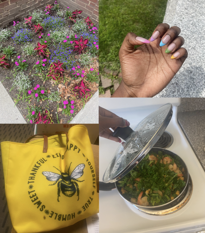 A collage of pictures representing some of the items on my list! Including; a vibrant patch of flowers in shades of pink, blue and purple; my nails; a pan of shrimp and kale I was cooking on the stove; my ramen and smoothie from 