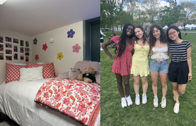  Left photo: Pink twin XL bed, with pictures and flower decorations on the wall. Right photo: Four girls (roommates) smiling on the Green