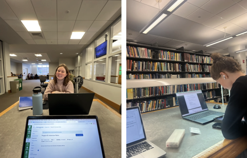 Left: My friend looks up and smiles at me from her laptop, as we were sitting in the library. Right: My friend works on her ipad, with her open laptop in front of her. She has her airpods in, and she is working quietly. 