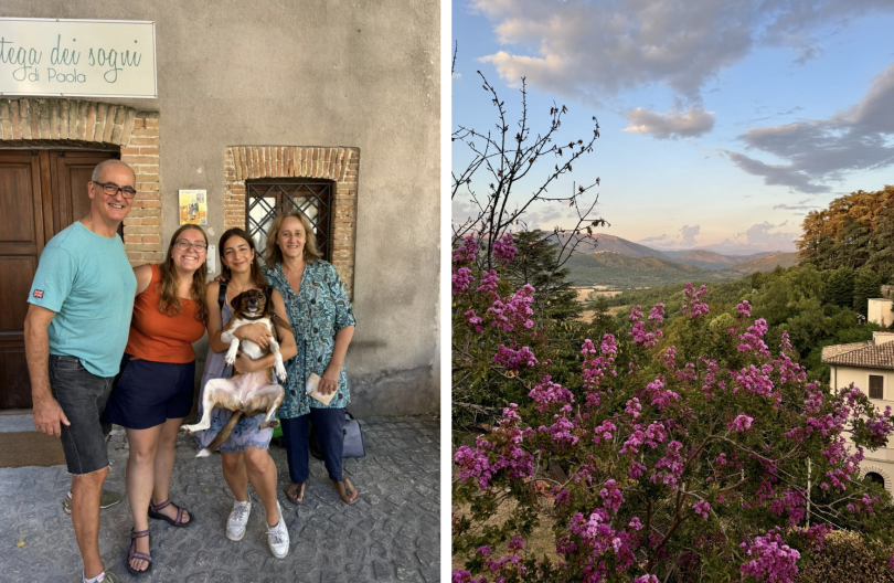 LEFT: A photo of four people standing and smiling together. My friend Isadora is standing in the middle of the group and holding our host family's dog, Yuma! RIGHT: A landscape with a mountain in the background and a purple flowering bush in the foregroun