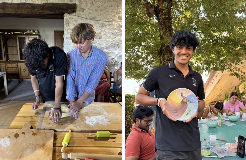 LEFT: Two students working together to roll out a piece of dough. They are looking down at a cutting board and both have their hands on the dough. RIGHT: A student holding a ceramic plate that he decorated with paint.