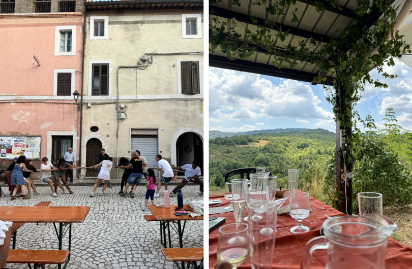 LEFT: Students in the middle of a game of tug in war. They are standing in a stone piazza, and in the background there is a pink building and a beige building. RIGHT: Our meals were often accompanied by breathtaking views of the countryside.