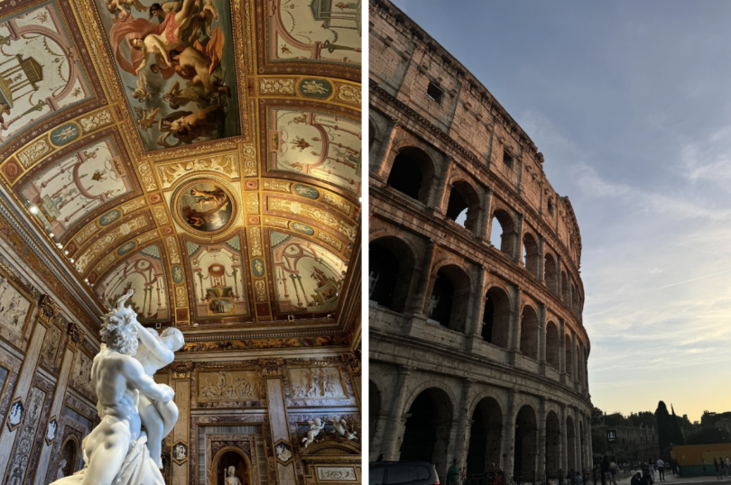 LEFT: A side angle of one statue in the Galleria Borghese, with the background of a large gallery room with an incredibly intricate ceiling and walls. RIGHT: The Colosseum just before sunset. The sky is blue and yellow with some clouds.