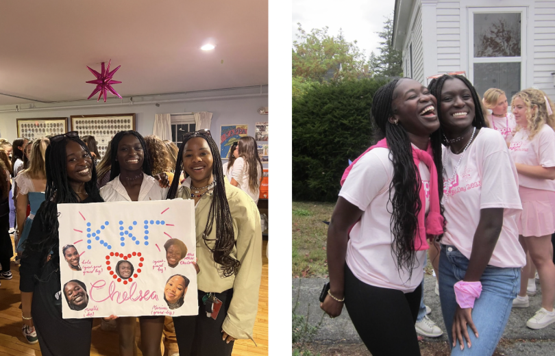 Three black girls hold up a sign with the pictures and names of their sorority family members.